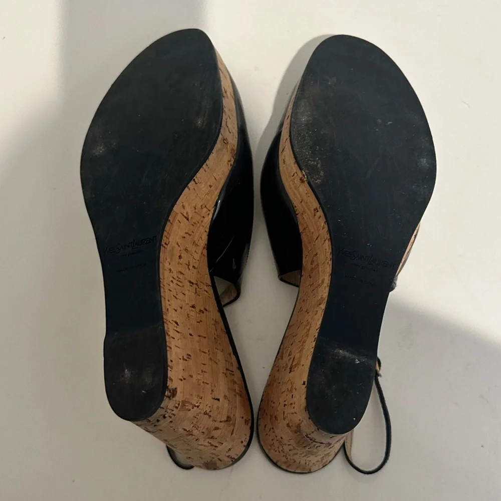 Yves Saint Laurent YSL Black Patent Leather Slingback Cork Wedge Platform EU 40
